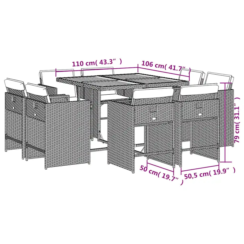 vidaXL Set da Pranzo da Giardino 9 pz con Cuscini Beige in Polyrattan