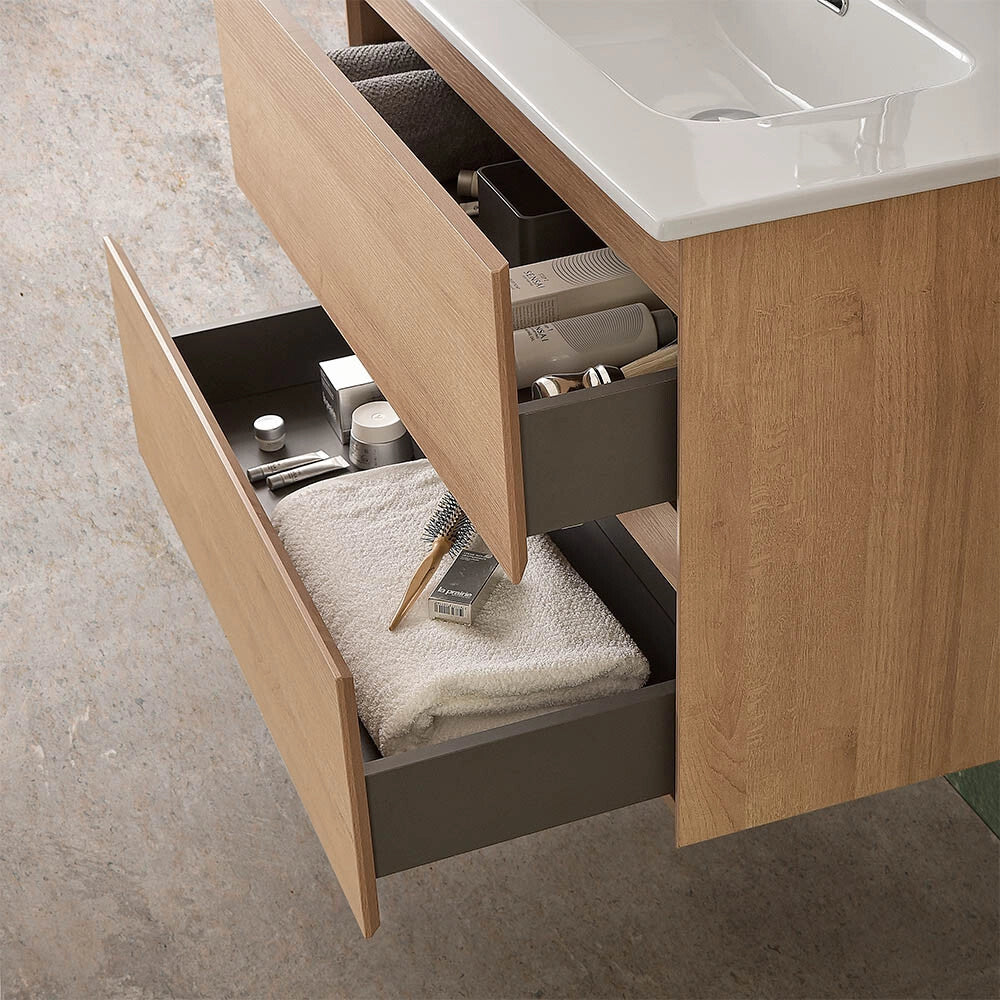 Mobile bagno sospeso 80 cm noce gold con lavabo in ceramica Dafne
