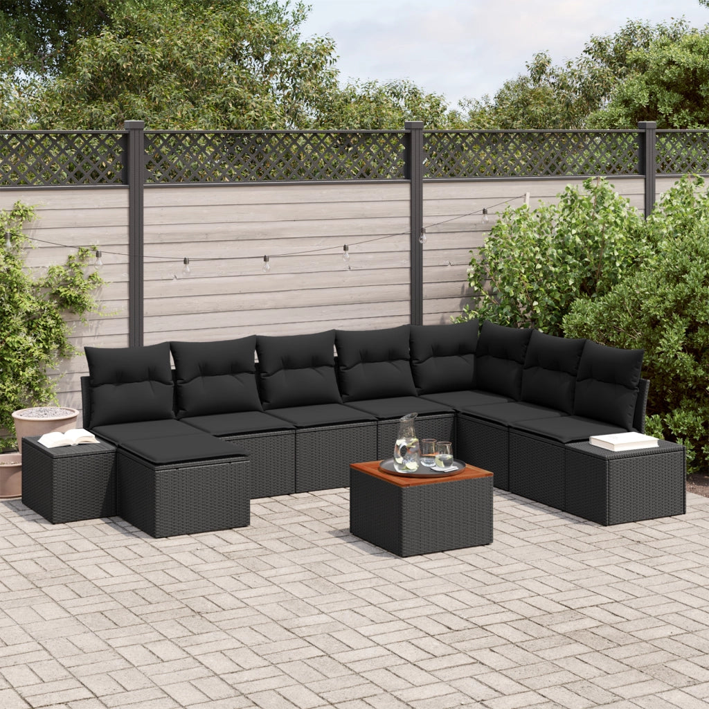 Set Divano da Giardino da 9 Pezzi con Cuscini Nero Polyrattan Acacia