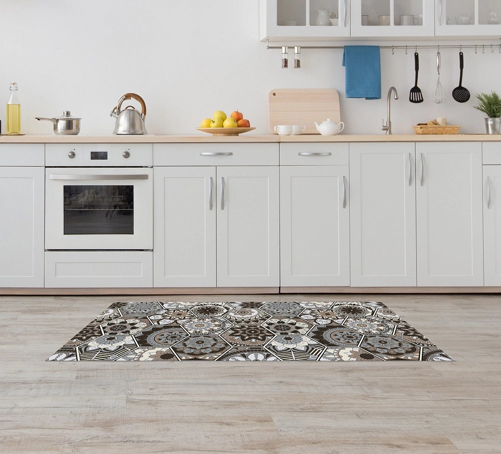 Tappeto Cucina Antiscivolo Made in Italy Passatoia Antimacchia Multiuso Corridoio Soggiorno Lavabile in Lavatrice - 50x100 - Esagoni Marroni