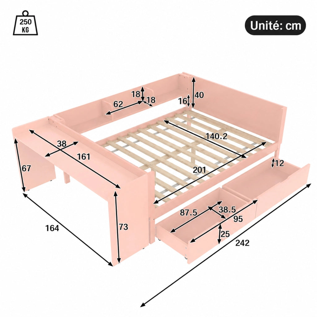 DESMIU Letto combinato letto matrimoniale con scrivania, 2 cassetti e 3 mensole 140 × 200 cm, senza materasso, rosa