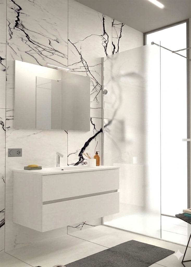 Mobile da Bagno Sospeso con Lavabo 90 cm e Specchio Bali Light Bianco Frassino