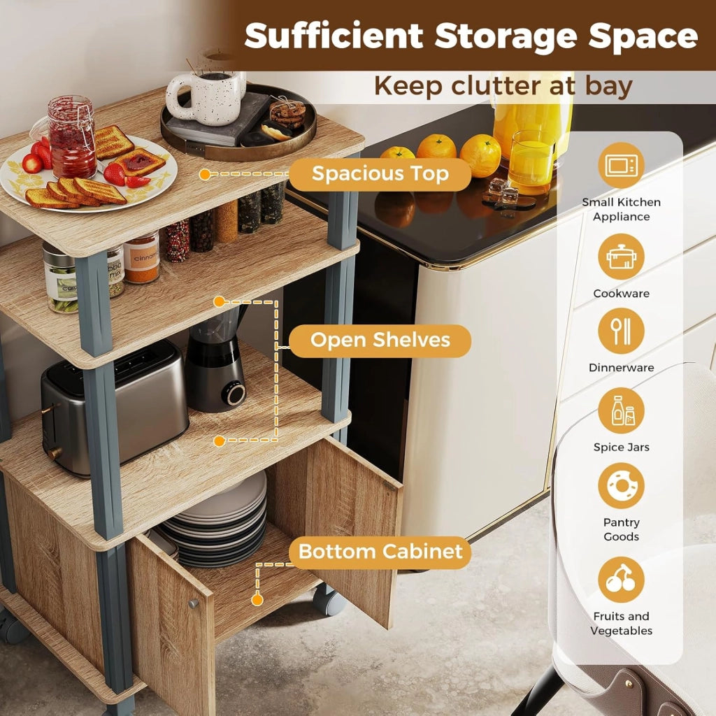 Carrello a rotelle a microonde, carrello da cucina a microonde, con 4 ruote e 2 freni, ripiano portaoggetti a 3 livelli e armadio ante,60 x 40 x 98 cm (Naturale)