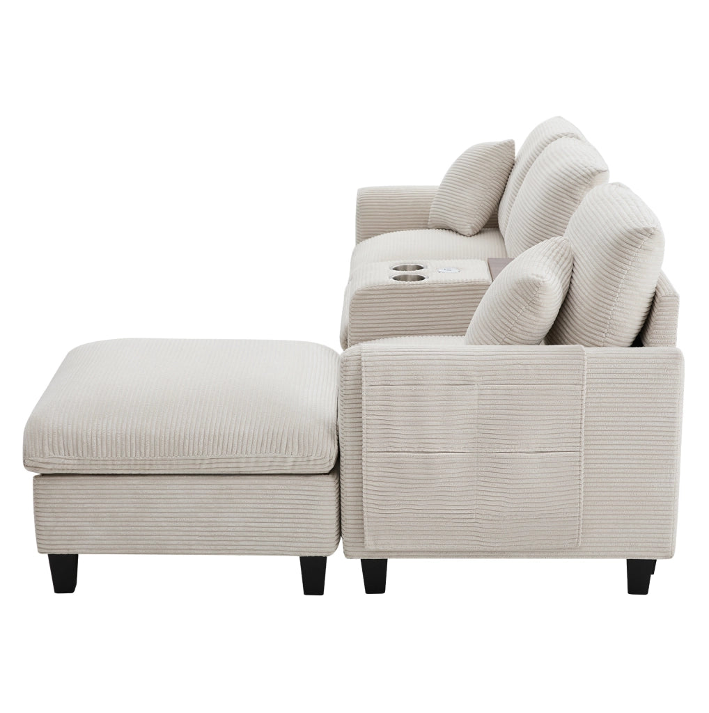 Divano angolare modulare beige in velluto a coste con USB