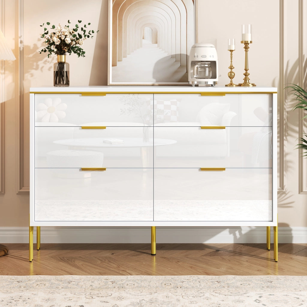Madia con 6 Cassetti; Frontali Lucidi; per Soggiorno Sala da Pranzo Ingresso; in Pannelli di Particelle; 120 × 40 × 85.5 cm; Bianco