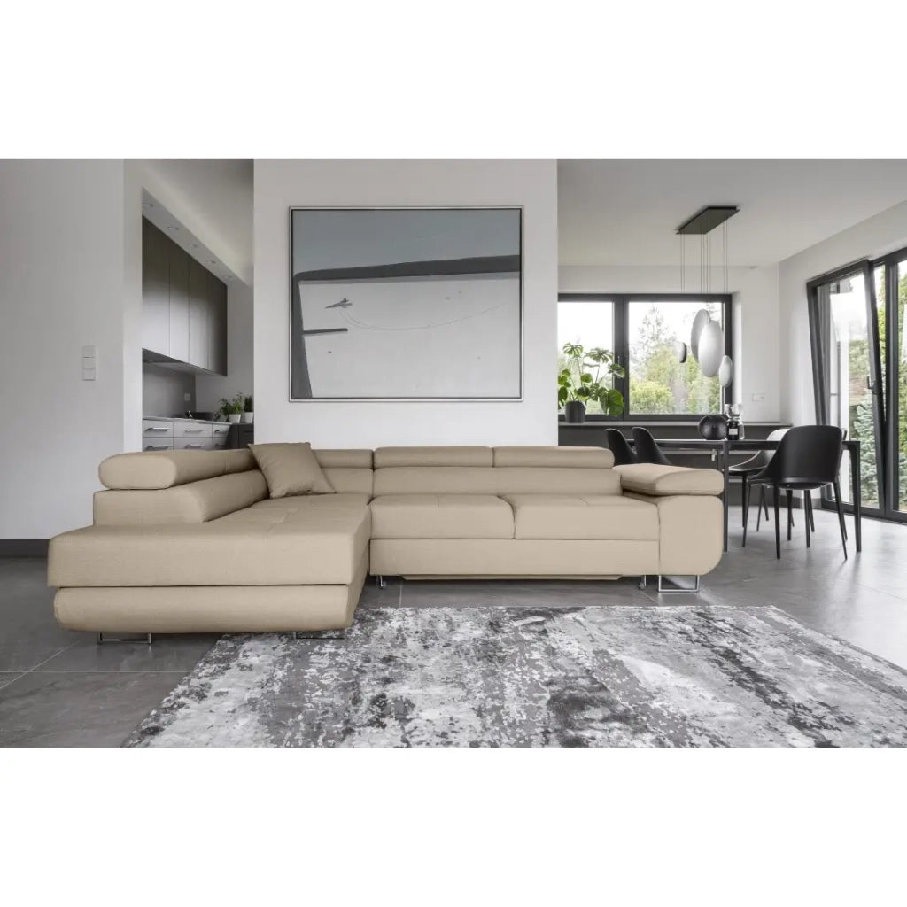 Divano angolare trasformabile MENTON beige in velluto – Angolo sinistro con baule