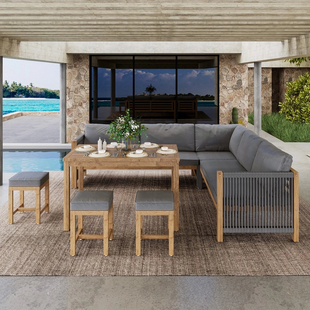 Set da giardino per 7-8 persone - Zephmum - Divano angolare, 3 sgabelli, tavolo, cuscini, polirattan, colore grigio+naturale