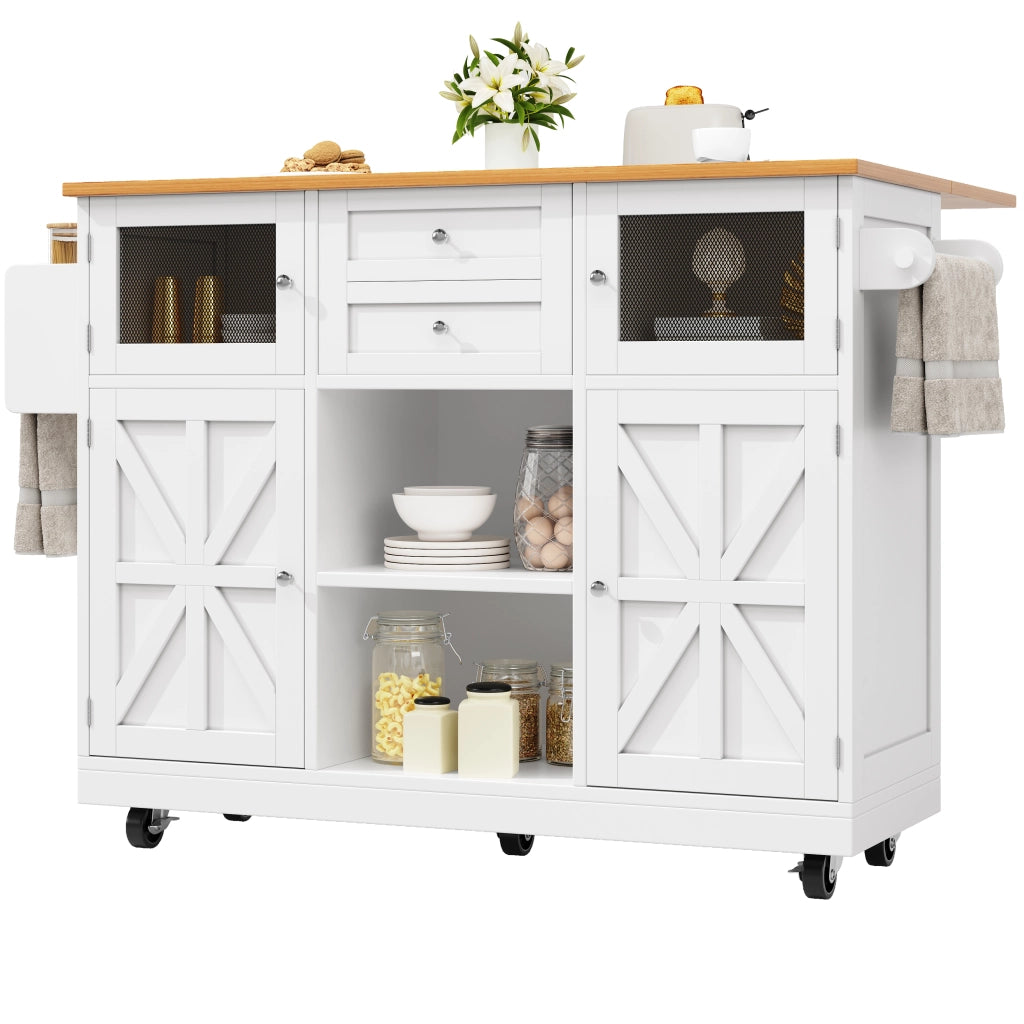 Carrello da Cucina con 2 Ante 2 Cassetti Ripiani Regolabili Portasciugamani e Ruote in MDF 140 x 40 x 93;5 cm Bianco