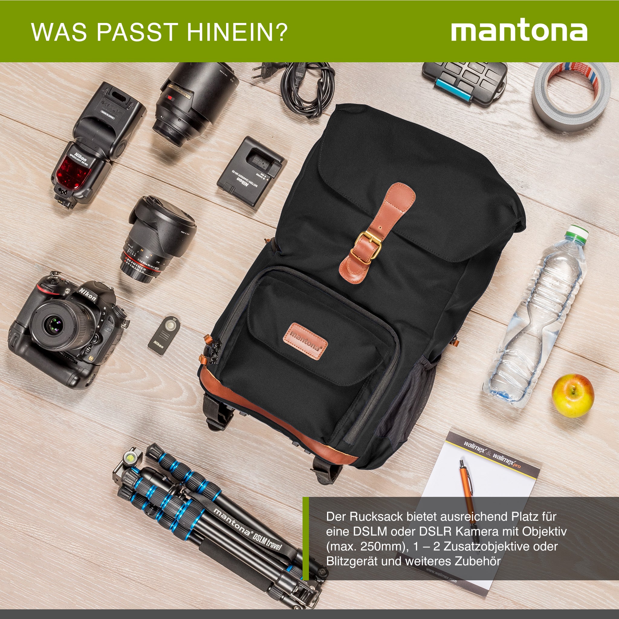 Mantona Luis junior retro Zaino fotografico (con applicazioni in vera pelle, inclusa copertura antipioggia, organizzazione flessibile e scomparto per tablet per 1x fotocamera DSLR, 1-2 obiettivi) nero