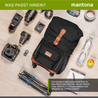 Mantona Luis junior retro Zaino fotografico (con applicazioni in vera pelle, inclusa copertura antipioggia, organizzazione flessibile e scomparto per tablet per 1x fotocamera DSLR, 1-2 obiettivi) nero
