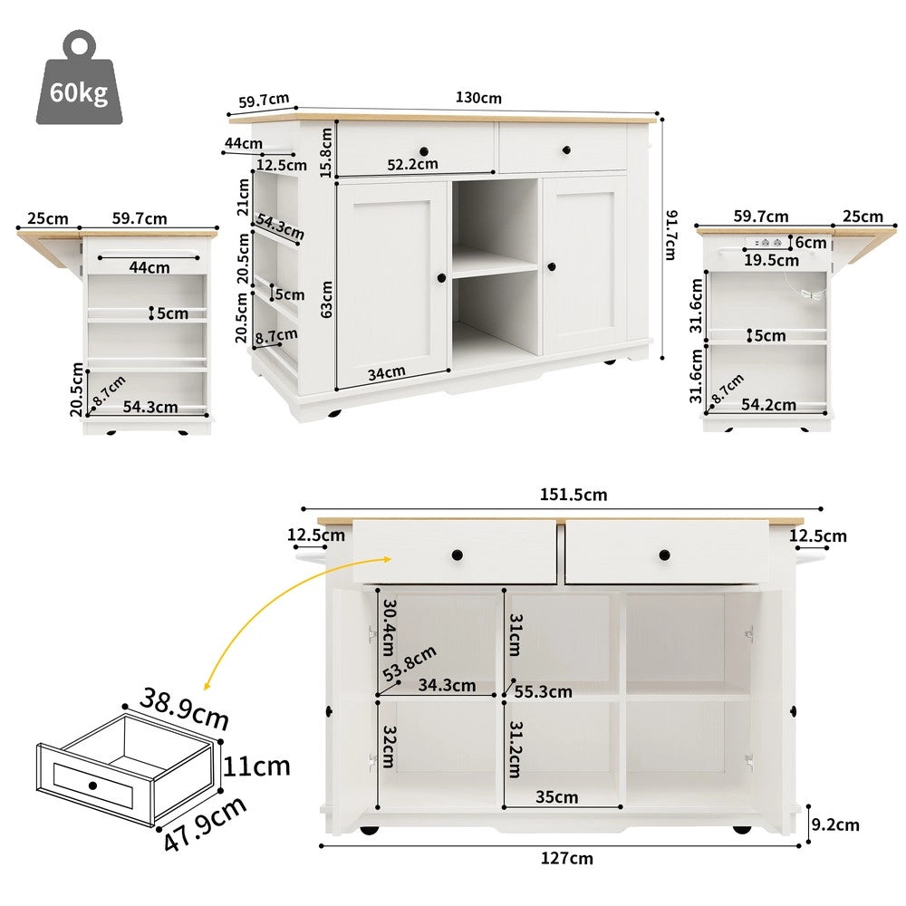 Isola Cucina con Presa Elettrica e Piano in Legno ¨C Xylo ¨C Bianco