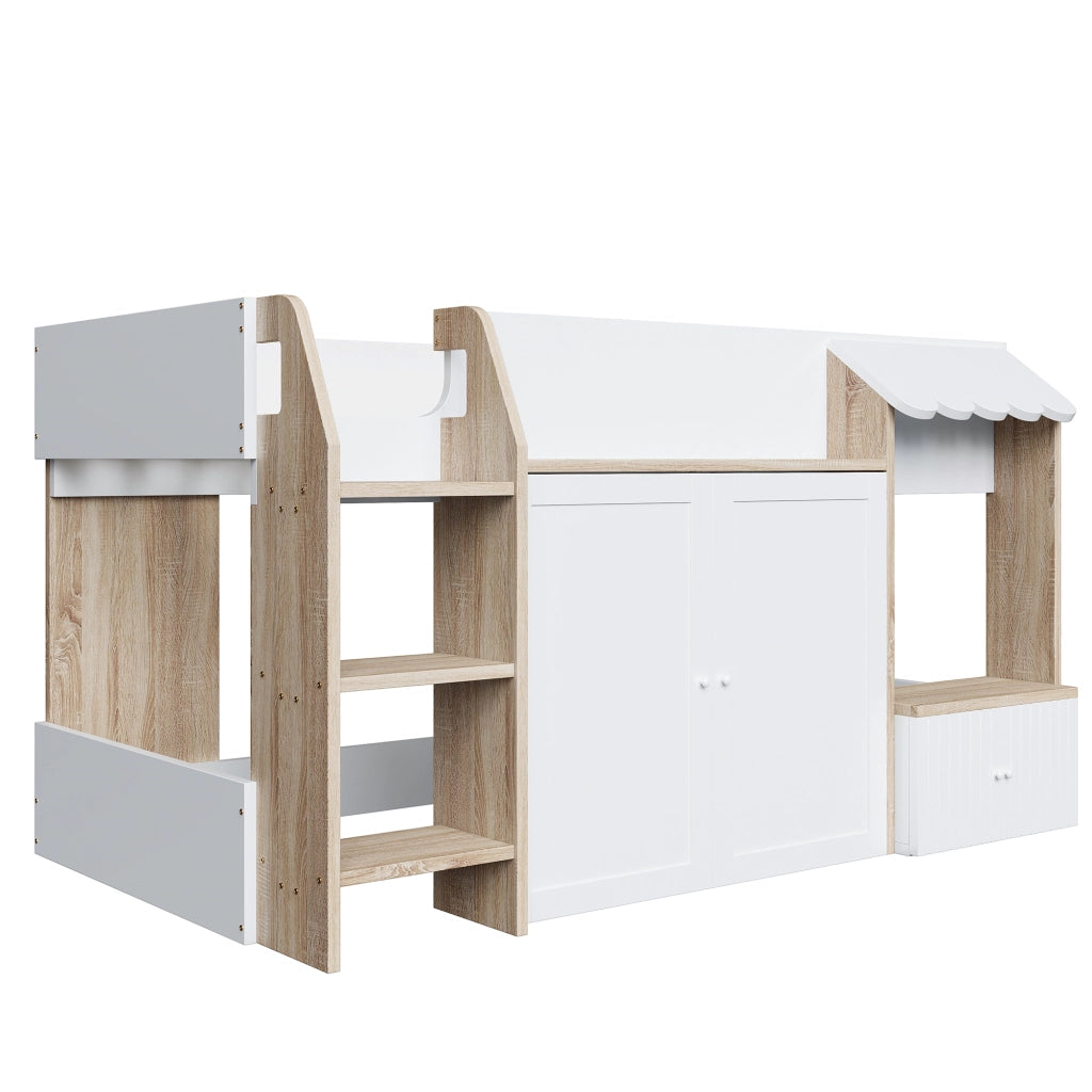 DESMIU Letto a soppalco per bambini 1 posto con scala larga, vano contenitore e ripiani 90 × 200 cm, senza materasso