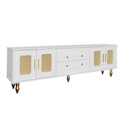 Mobile TV con 4 Ante in Rattan PVC e 2 Cassetti Push-to-Open per Soggiorno in Pannello di Particelle Bianco 175 × 38 × 55.5 cm