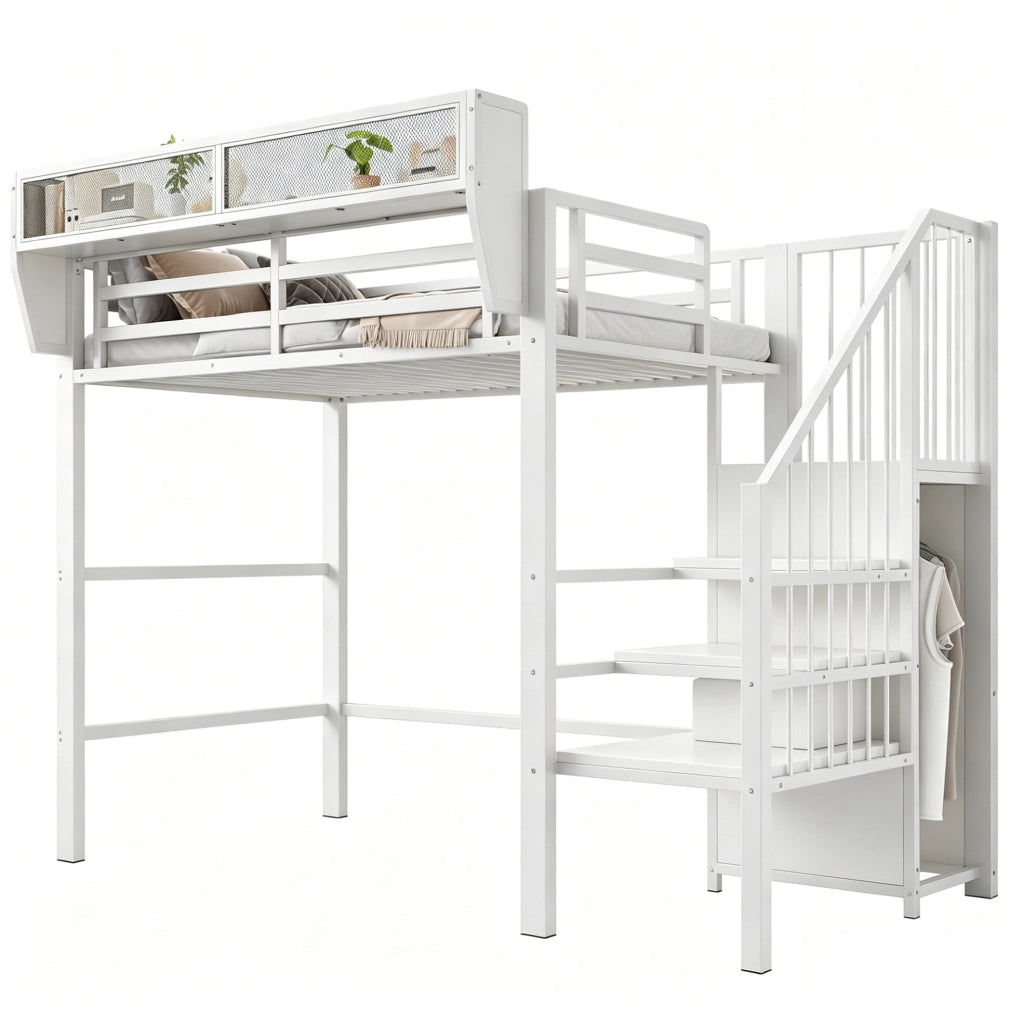 Letto a soppalco 90x200 cm in metallo e MDF; con LED; scala di sicurezza; bianco