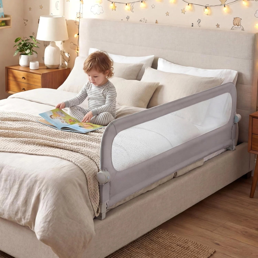 Sponda Letto per Bambini 80/120/150/180 cm, Barriera di Sicurezza per Neonati, Altezza Regolabile a 3 Livelli, Barriera Letto Pieghevole, con Cinghia di Sicurezza (180 cm,Grigio)