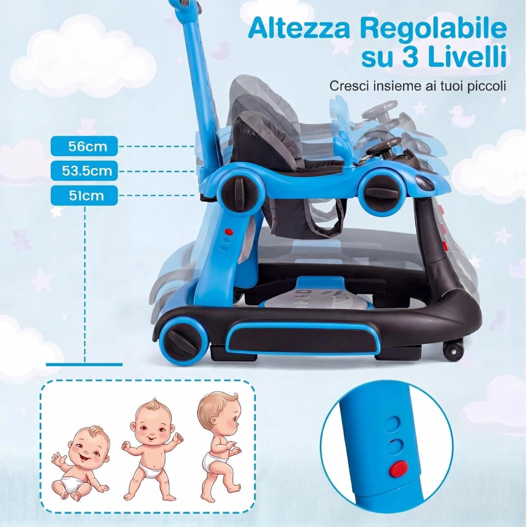 Girello per Bambini 6-in-1 Evolutivo, Centro Attività Pieghevole con Maniglia, Regolazione Altezza/Velocità, con Musica, Luci Tenda, per Neonati 6-18 Mesi (Nero+Blu)
