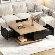Tavolino basso quadrato con 3 cassetti e vano aperto, finitura lucida, per soggiorno, nero e legno, 70 × 70 × 31,5 cm