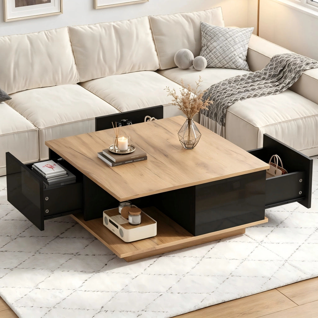 Tavolino basso quadrato con 3 cassetti e vano aperto, finitura lucida, per soggiorno, nero e legno, 70 × 70 × 31,5 cm
