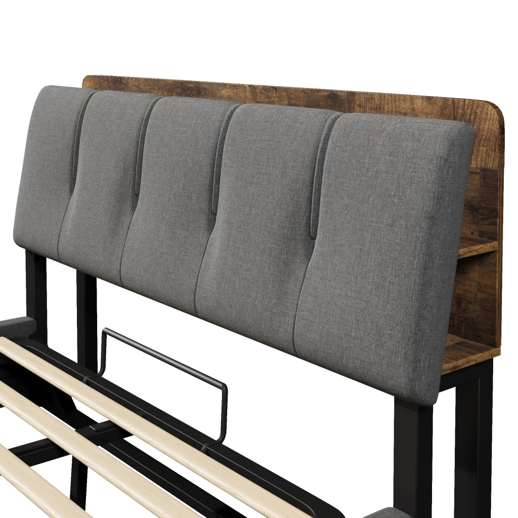 Letti contenitori 140x200 cm; scomparti e LED; lino grigio (Senza materasso)