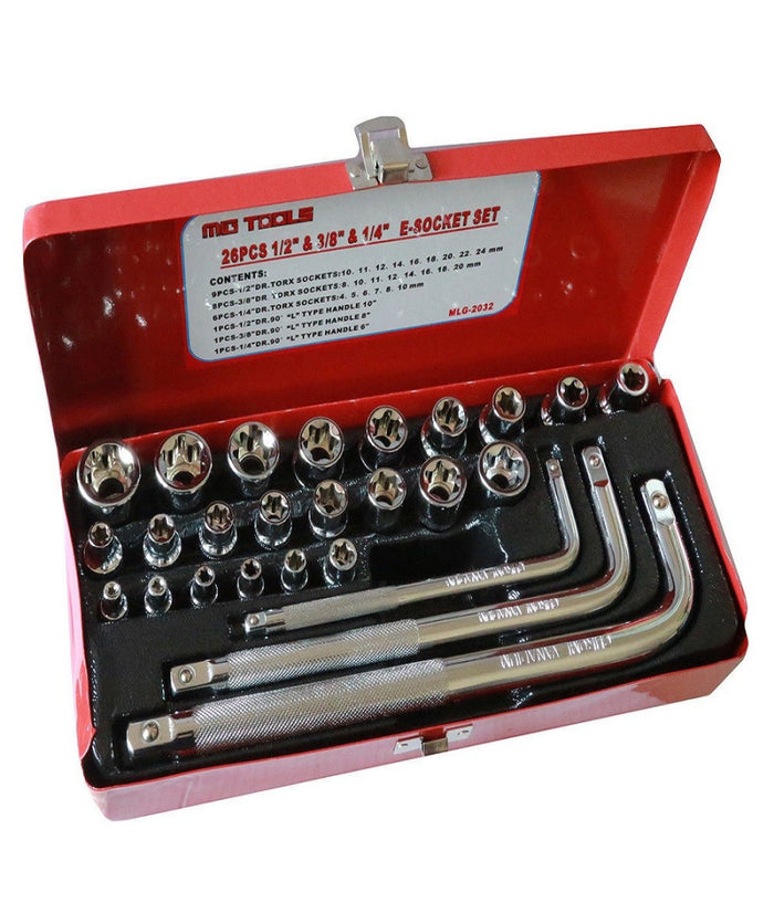 26 Chiavi Bussole Torx Femmina E4-e24 Prolunghe Attacco 1/2" 1/4" 3/8"         