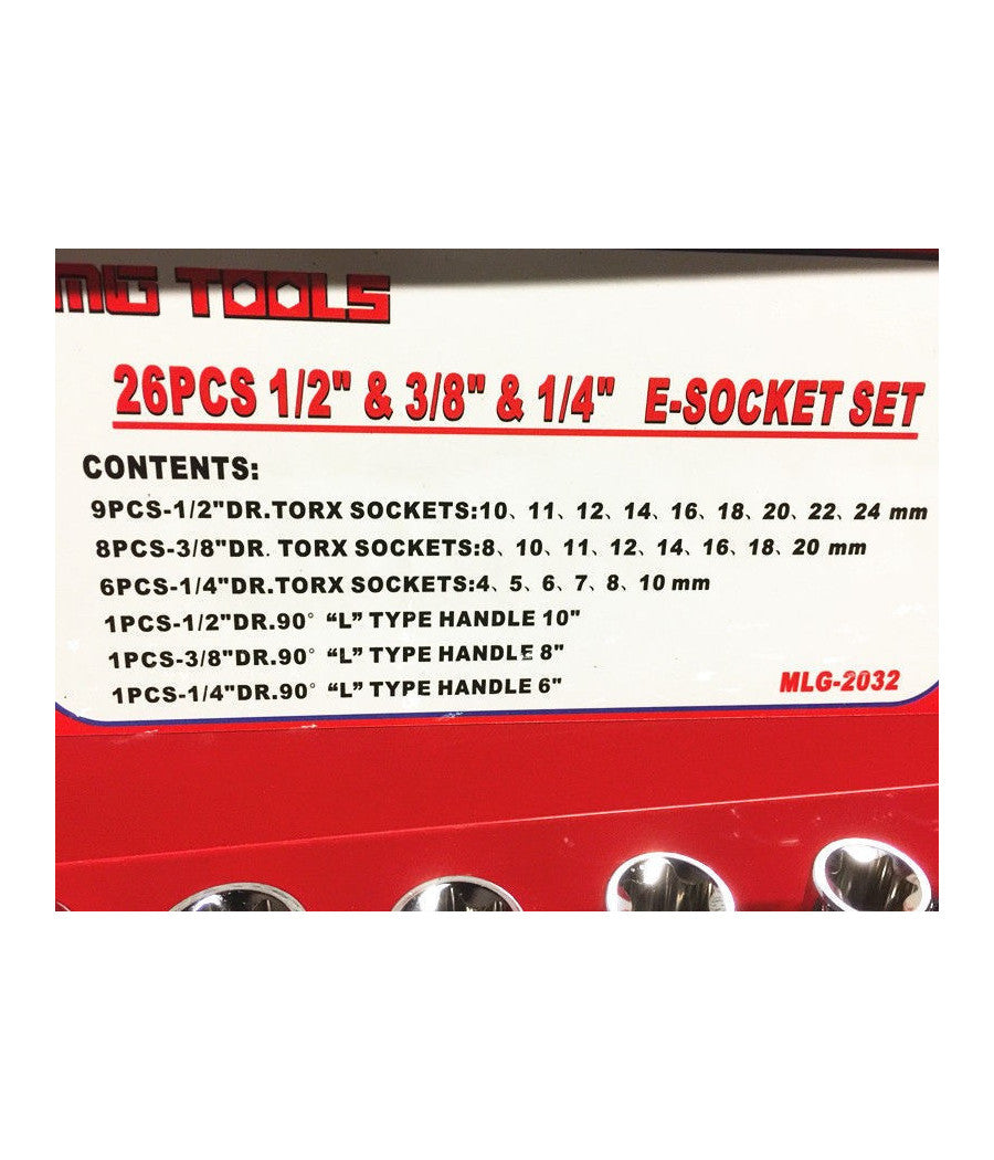 26 Chiavi Bussole Torx Femmina E4-e24 Prolunghe Attacco 1/2" 1/4" 3/8"         