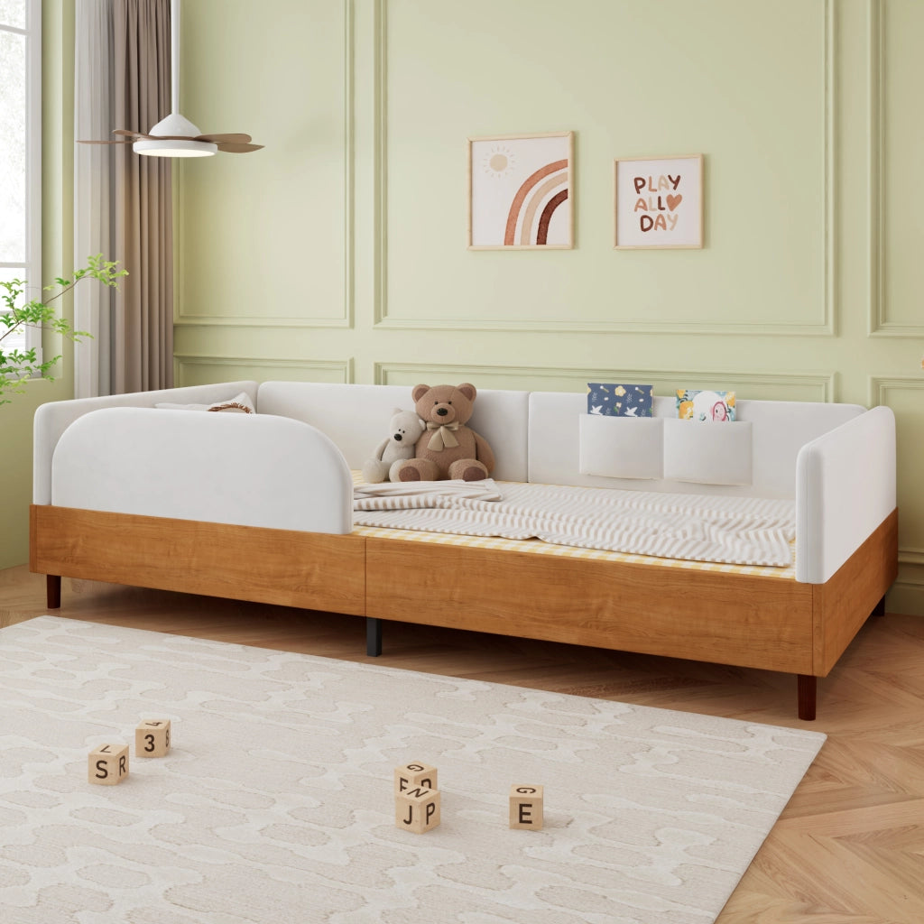 Letto singolo imbottito in velluto e legno 90x200 bianco 2 tasche bordo antiurto