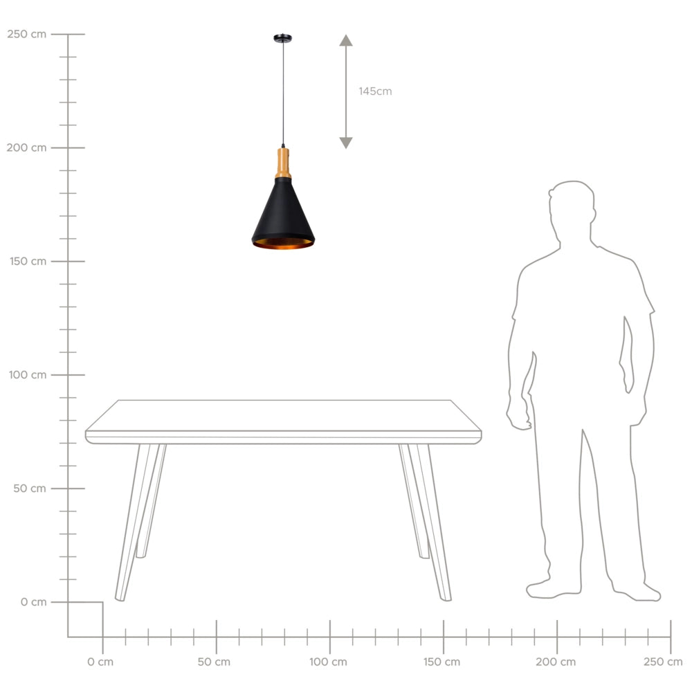 Lampadario Lampada a Sospensione Nera con Paralume Conico in Alluminio dorato e Legno Chiaro Design Industriale