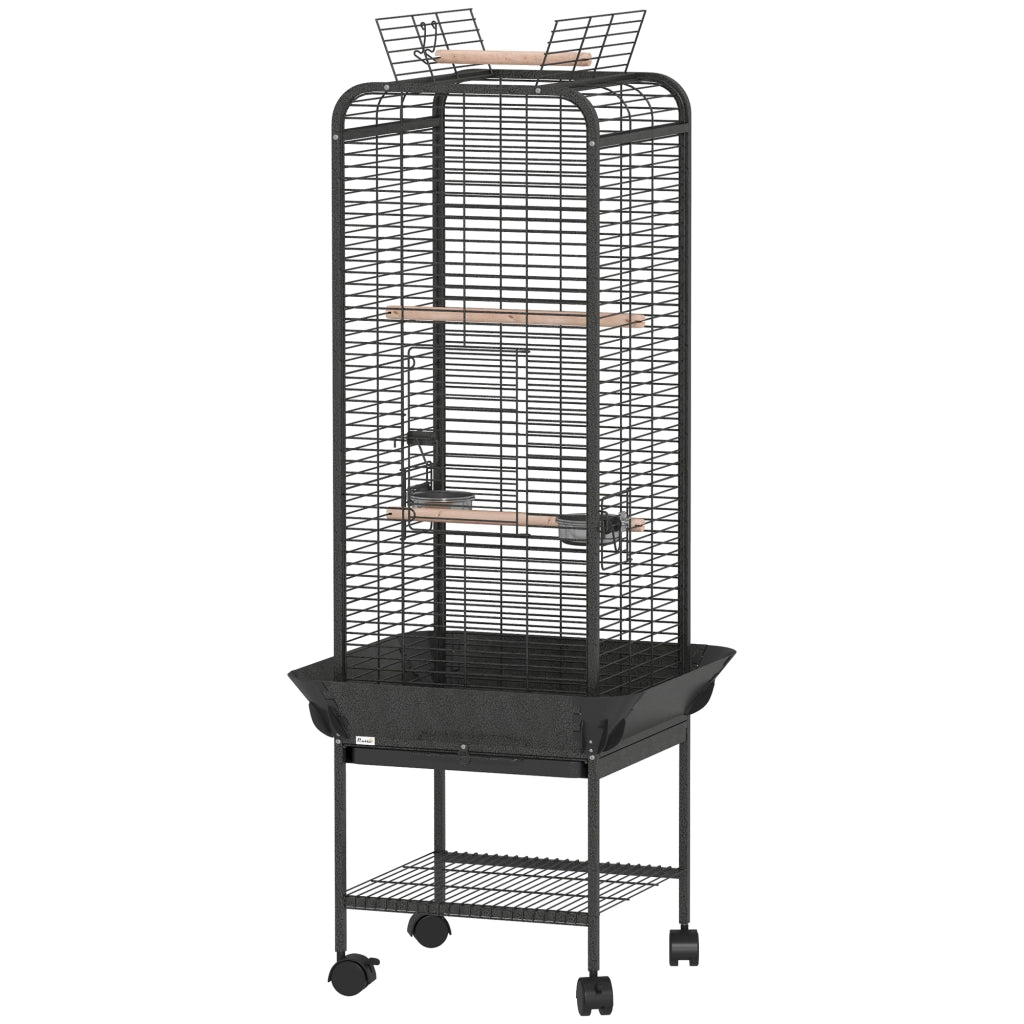 Gabbia per Uccelli con Ruote, Mangiatoie e Ripiano ¨C Zephmum ¨C Grigio Scuro 62.5x62.5x146 cm