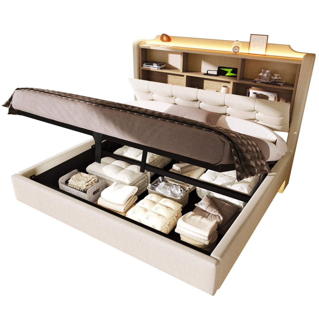 Letti contenitori 140x200 cm; con LED e contenitore idraulico; in lino; beige (Senza materasso)