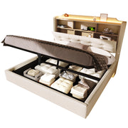 Letti contenitori 140x200 cm; con LED e contenitore idraulico; in lino; beige (Senza materasso)