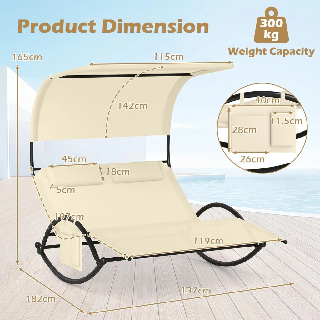 Poltrona a Dondolo Doppia, Lettino a Dondolo con Tettoia, Cuscini Poggiatesta, Braccioli e Struttura in Metallo, Lettino a Dondolo per Patio, Cortile, Bordo Piscina (Beige)