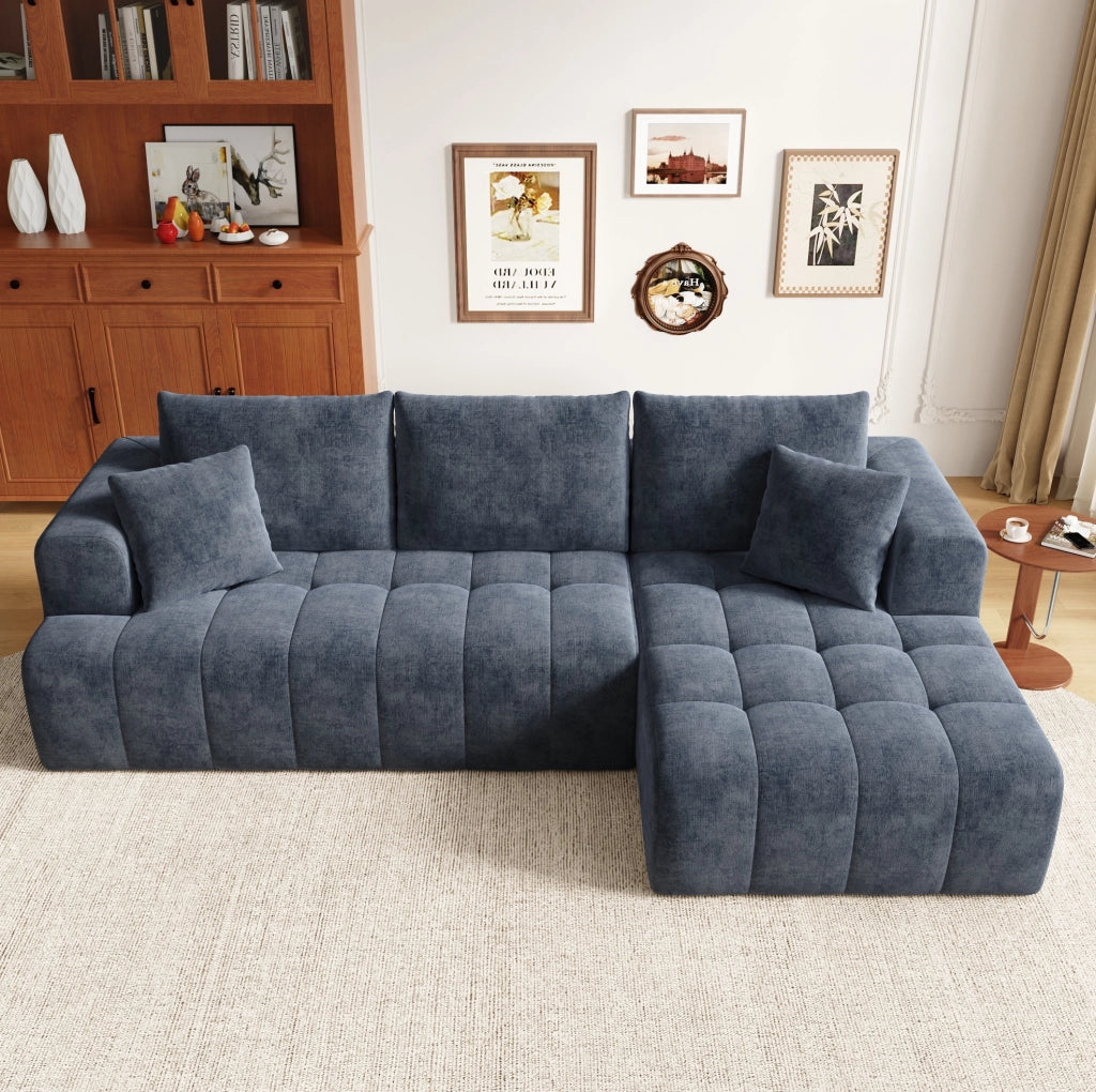 Divano angolare modulare a L 244;5x136x79 cm in ciniglia blu con 2 cuscini