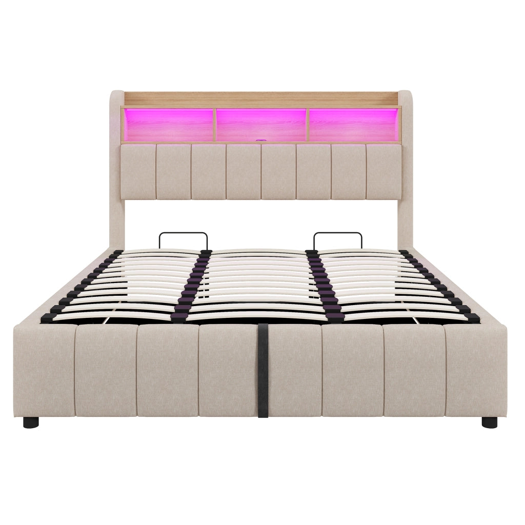 Letto imbottito 180x200 cm con LED, USB-C, contenitore idraulico e testiera con ripiani