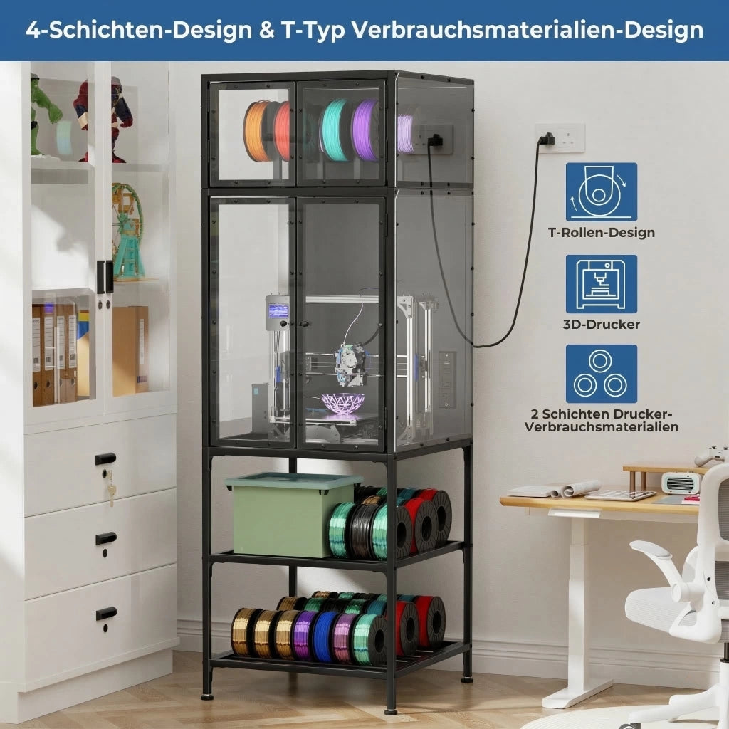 Mobile contenitore per stampante 3D con ripiani per filamenti, in metallo, nero, 175.5 × 58.9 × 59.9 cm