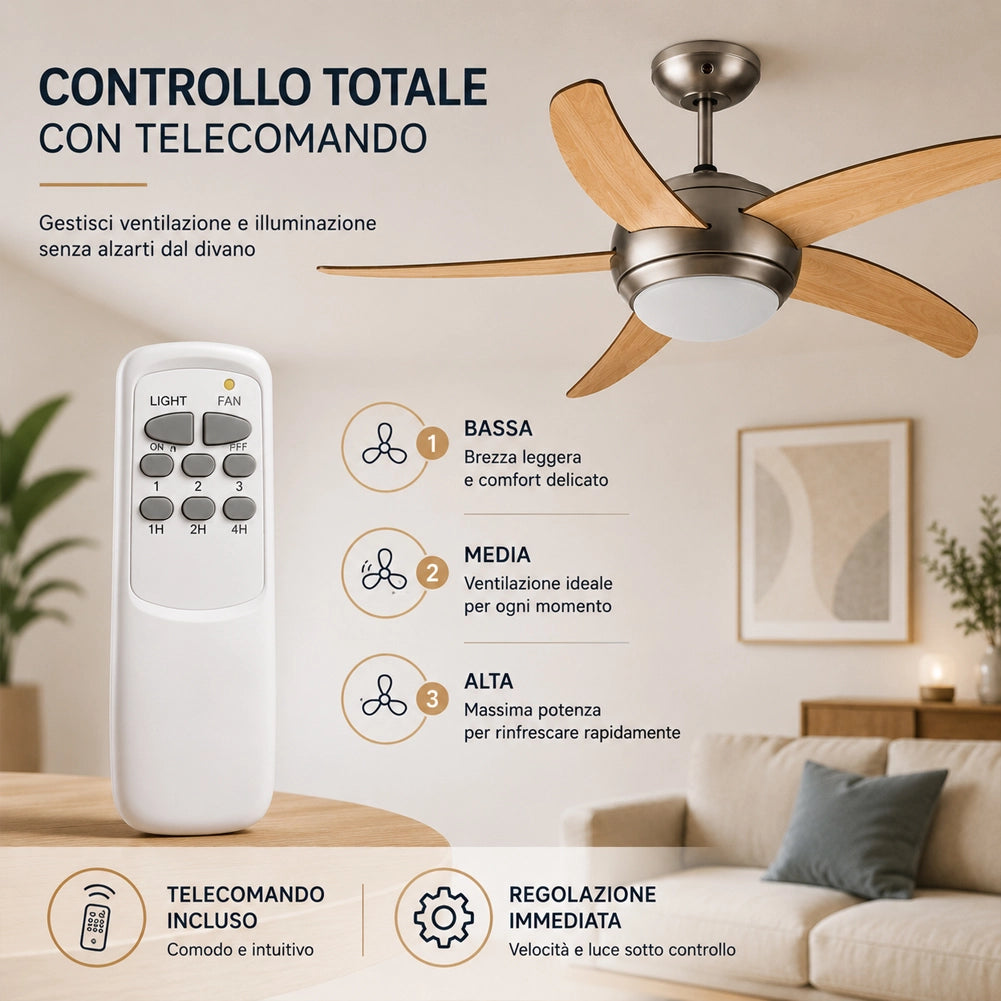 Ventilatore da Soffitto 5 Pale Legno con Lampada e Telecomando Diametro 120cm