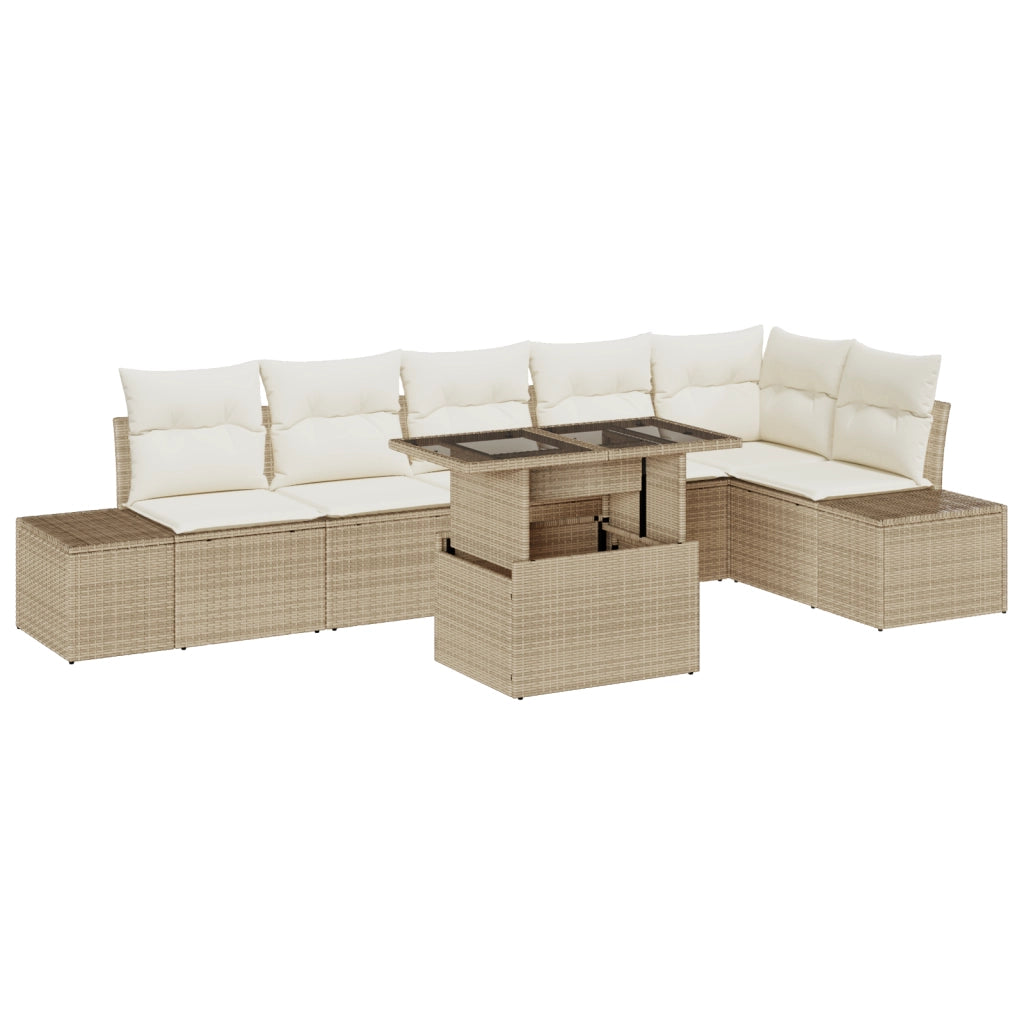 Set Divano da Giardino in 7 Pezzi con Cuscini Beige Rattan Polipropilene