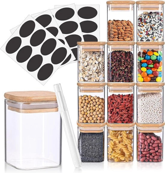 Set di contenitori in vetro, rettangolari, con coperchio, set di 12 contenitori in bambù, contenitori per piante, contenitori di magazzino, 175 ml, contenitori per piante, contenitori di magazzino inclusi etichette e matita a grafite.