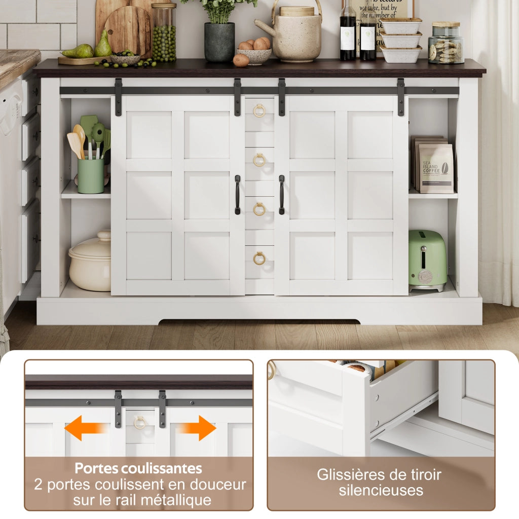 Credenza con 2 ante scorrevoli; 4 cassetti e ripiani regolabili per cucina in MDF bianco 150×40×85 cm