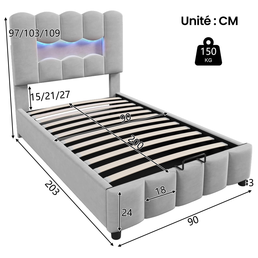 Letto singolo 90×200 cm contenitore con LED e testiera regolabile; senza materasso; velluto; grigio