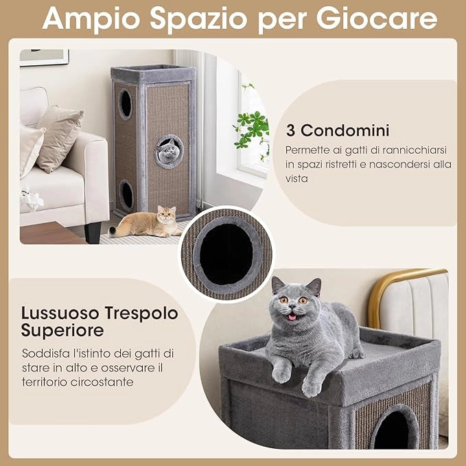Casa per Gatti a 4 Piani, Condominio per Gatti Alto 99 cm con Trespoli per Graffiare, 3 Nascondigli e 4 Morbidi Cuscini in Peluche, Mobili per Gatti Moderni a Forma di Barile