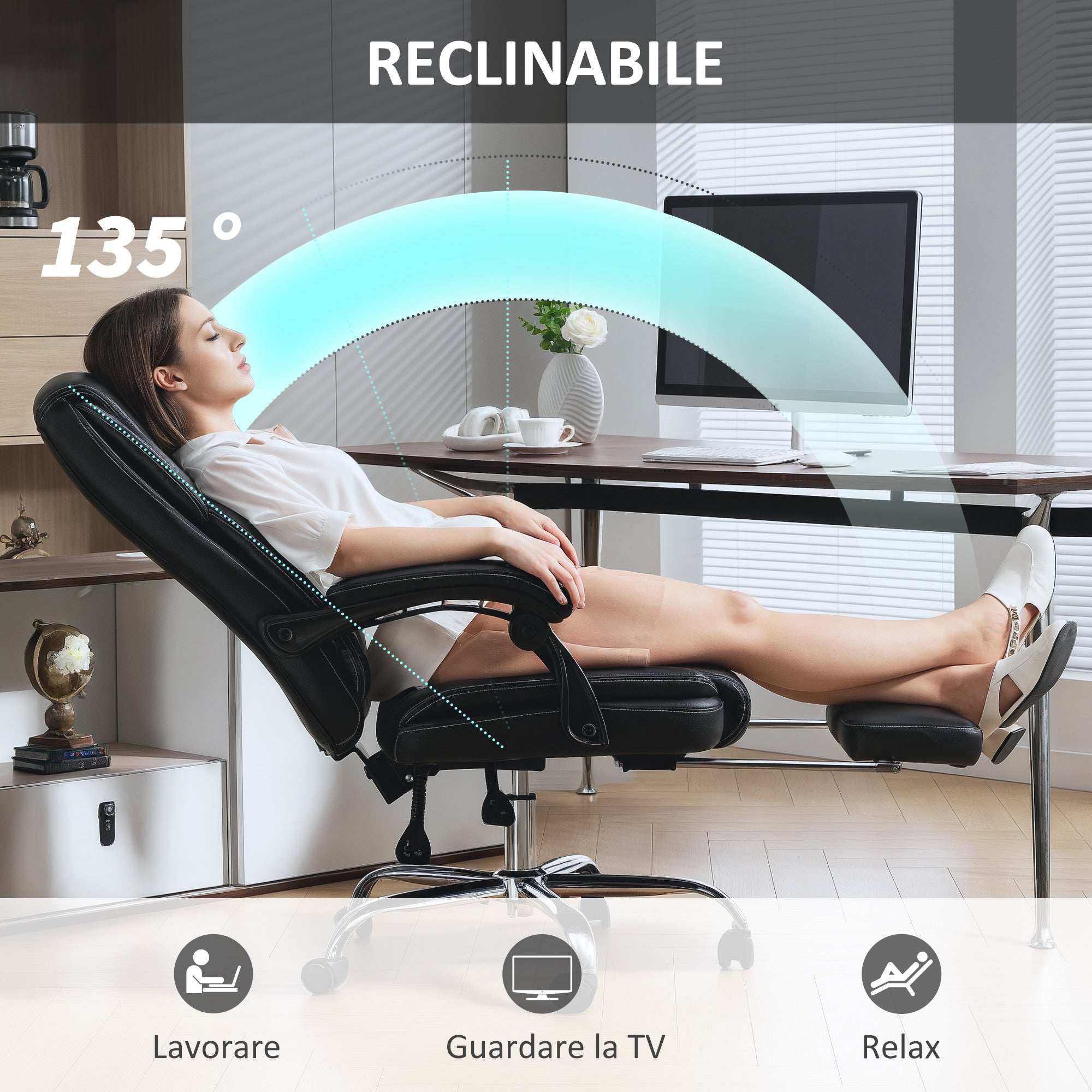 Sedia da Ufficio Reclinabile con Poggiapiedi Estraibile in Pelle PU Capacità 120 kg Nero