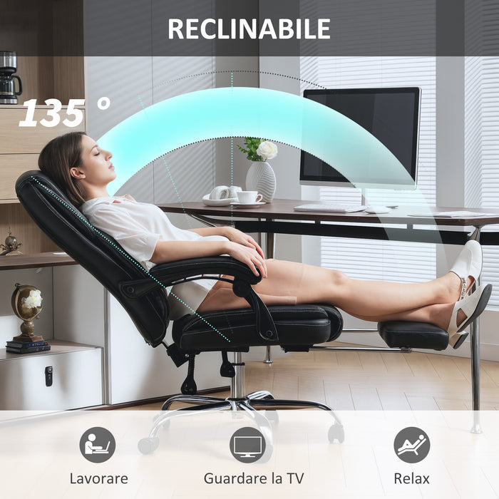 Sedia da Ufficio Reclinabile con Poggiapiedi Estraibile in Pelle PU Capacità 120 kg Nero