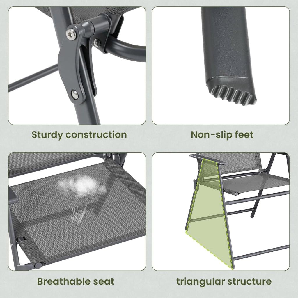 Set di 6 sedie da giardino pieghevoli con schienale, braccioli, sedie da terrazza, sedie da pranzo, fino a 150 kg, sedia pieghevole per campeggio, spiaggia, giardino, piscina, terrazza, grigio