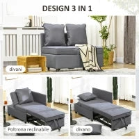 Poltrona Letto 3 in 1 con Schienale Reclinabile, in Tessuto Effetto Lino e Legno, 98x71x67 cm, Grigio Scuro