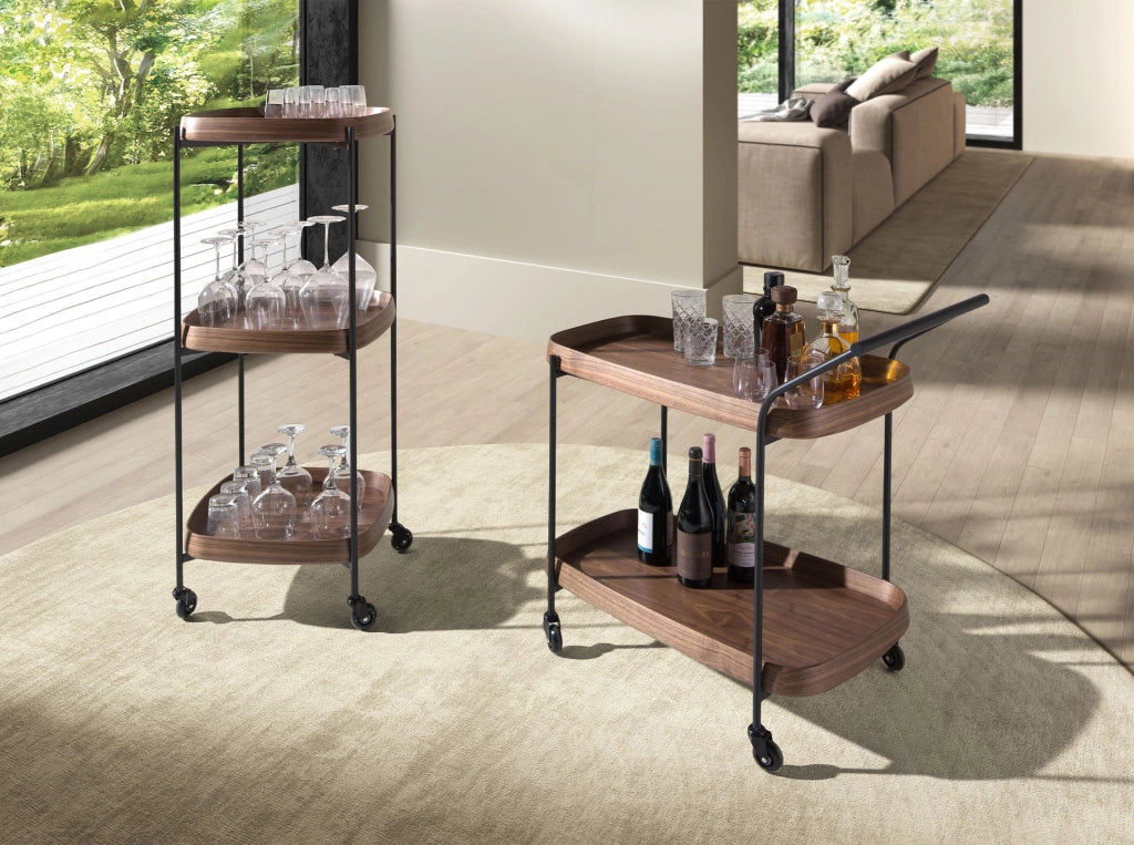 Carrello minibar in noce e acciaio nero