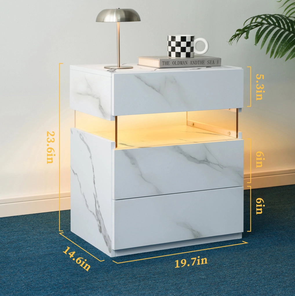 Comodino LED con 3 Cassetti e Pannello Acrilico, Tavolino da Notte per Camera da Letto in Bianco Pietra