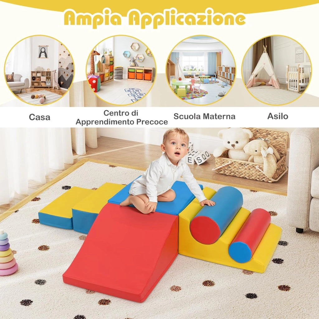 Set di Blocchi da Arrampicata in Schiuma per Bambini, Set di 7 Pezzi per Gioco Morbido con Chiusure a Strappo per Gattonare, Gioco Attivo, Sviluppo Motorio e Sensorialei