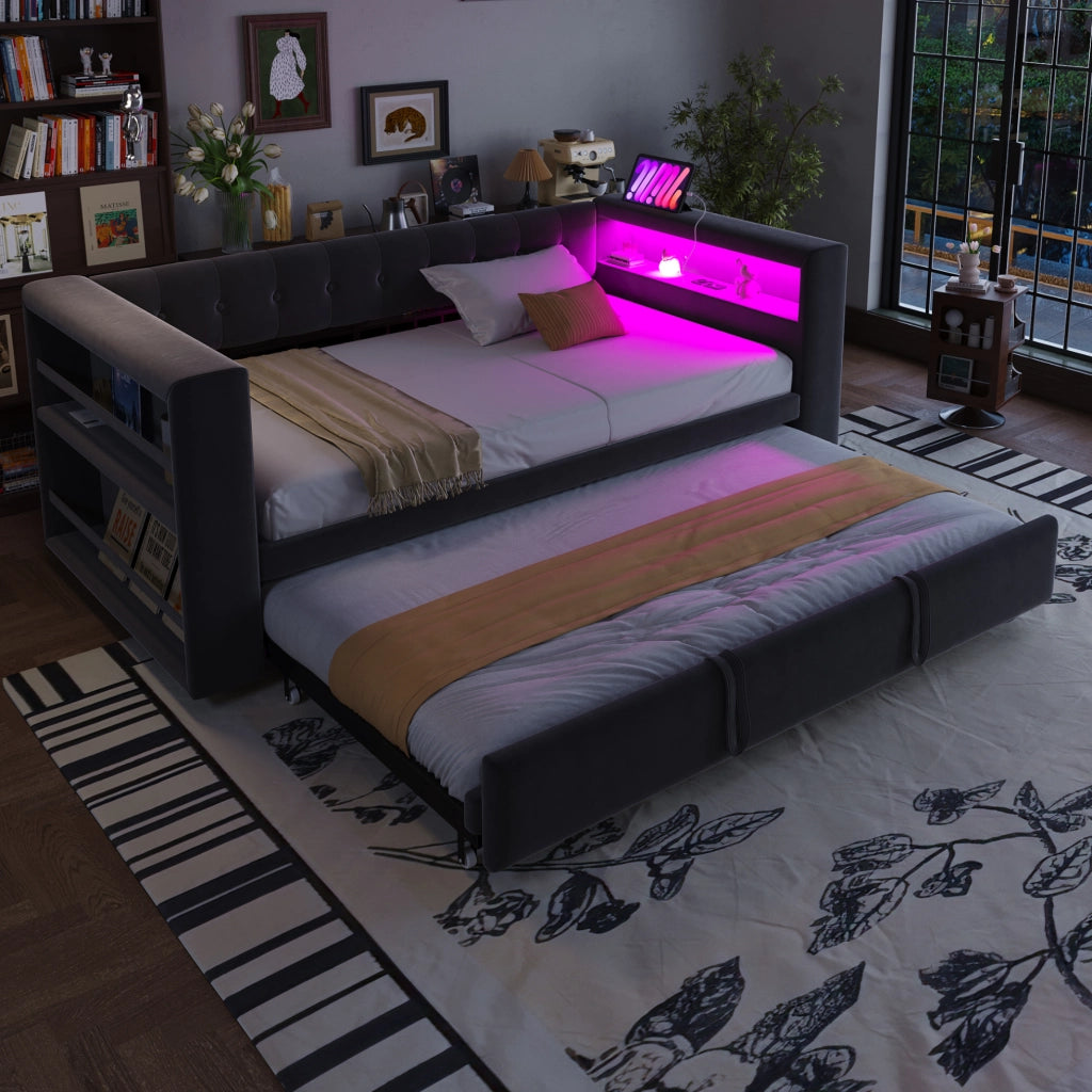 Divano letto multifunzionale 90/180x190 cm con LED, presa integrata e contenitori