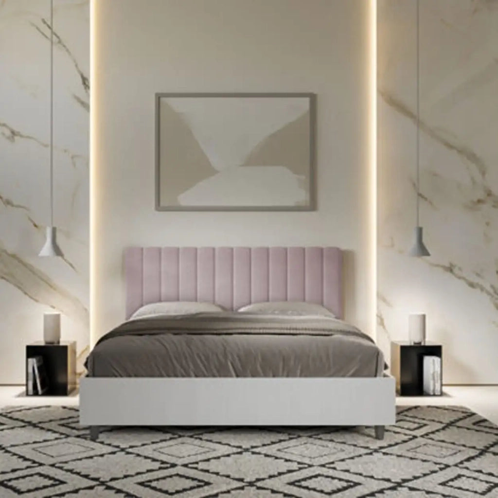 Letto matrimoniale contenitore 160x190 bianco frassino testata microfibra glicine Kaia