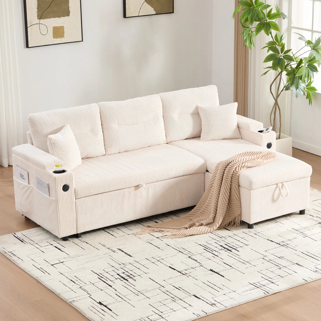 Divano modulare convertibile con letto estraibile chaise longue idraulica porta usb tipo c e vano in velluto beige